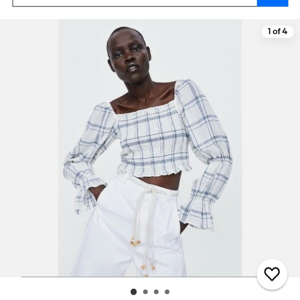 Zara | Plaid Long Sleeve Crop Top with Smocking At Chest 100% Cotton - M - Picture 1 of 10